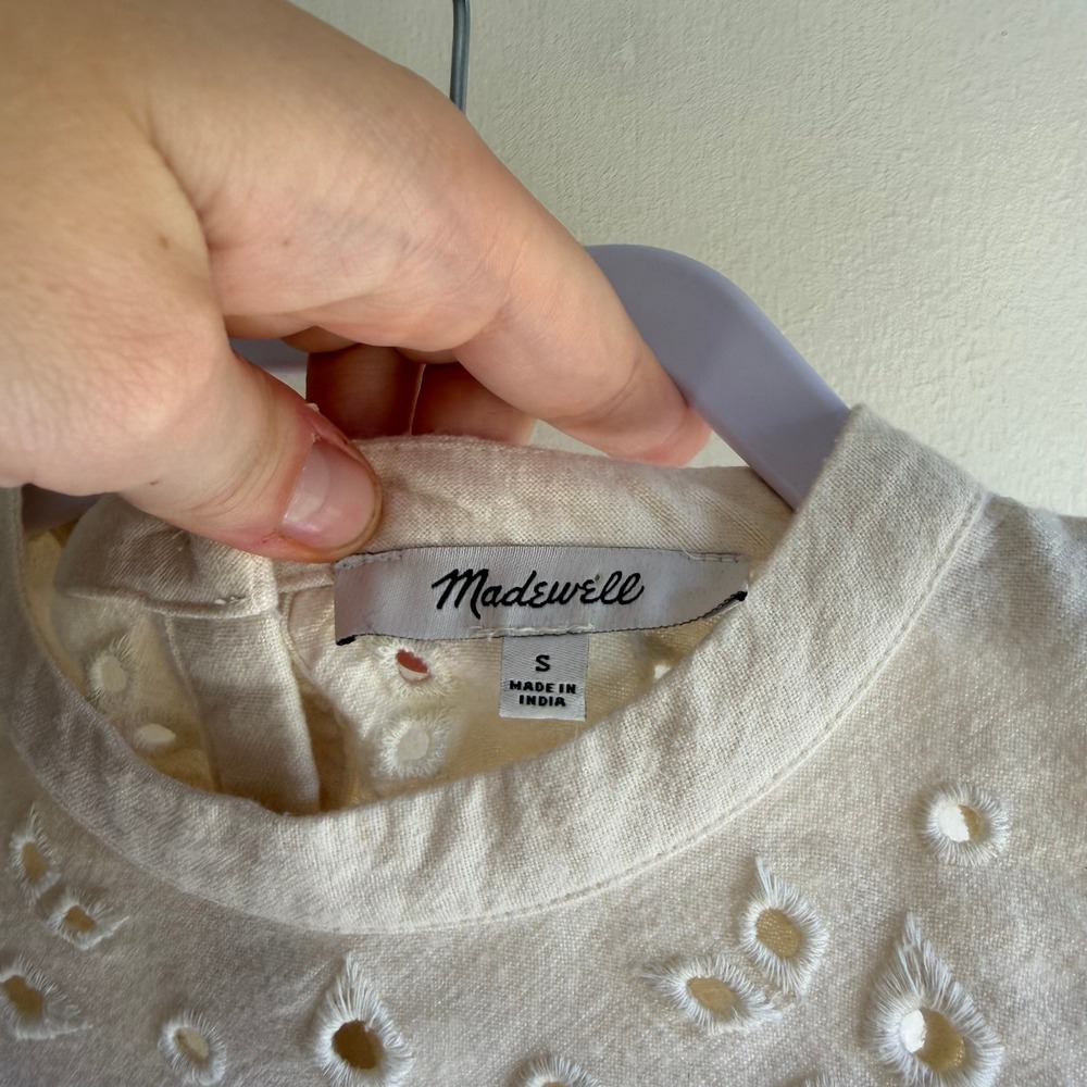 Madewell Cream Eyelet Yoke Ruffle Long Sleeve Blouse Small Ivory Cotton Viscose - Picture 4 of 10